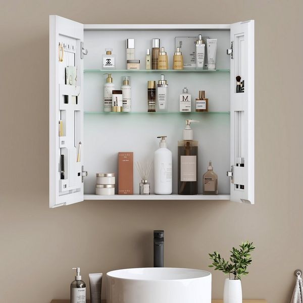 EMKE Spiegelschrank bad 60X65cm 2-türig Badezimmer Spiegelschrank Verstellbare Trennwand mit Stauraum und verstellbaren Regalen Badspiegelschrank für Bäder