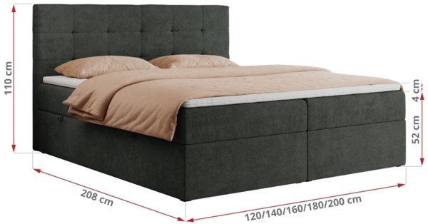 Boxspringbett, Doppelbett Matratze und Topper, Polsterbett - CENTOS - 140x200cm - Grau Velours - H3 Bild 5
