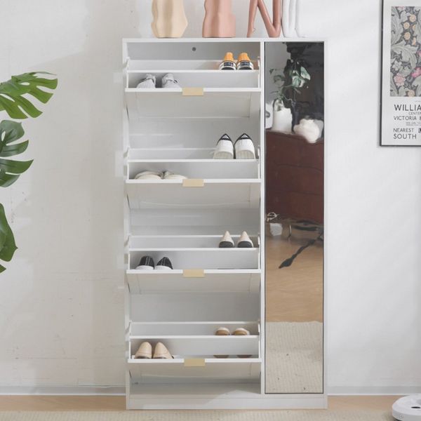 Flieks Schuhschrank mit Spiegel (1-St, B80/H147/T24 cm) Schuhkommode mit 4 Klappen Schuhregal Schuhkipper weiß