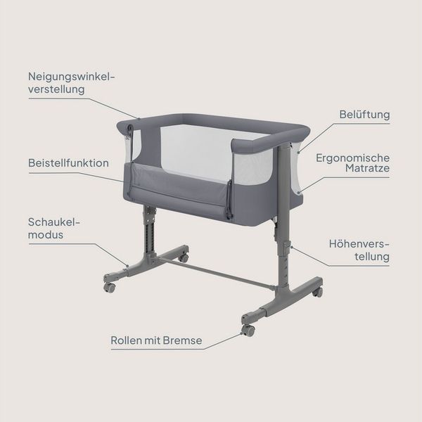 Lionelo Aurora 3 in 1 Babybett bis 9 kg, Beistellbett, Wiege, Höhenverstellug und Einstellung der Neigung der Matratze, 4 Räder mit Bremse Ergonomische Matratze Tasche
