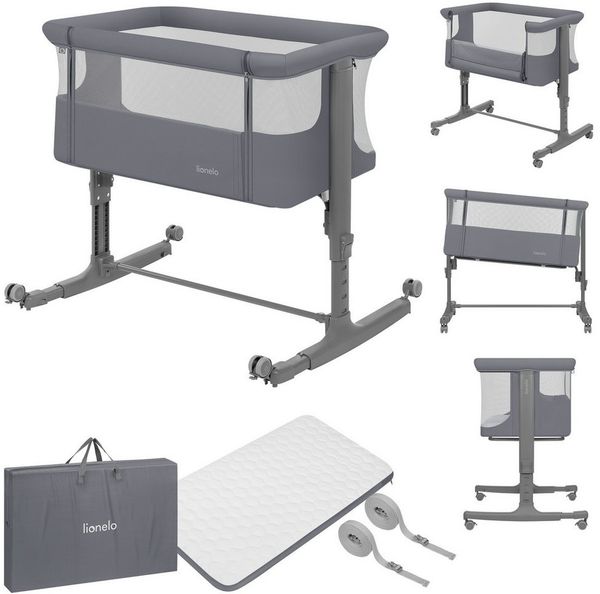 Lionelo Aurora 3 in 1 Babybett bis 9 kg, Beistellbett, Wiege, Höhenverstellug und Einstellung der Neigung der Matratze, 4 Räder mit Bremse Ergonomische Matratze Tasche