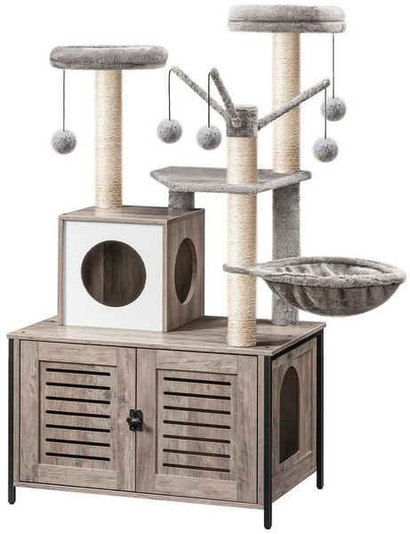 Hoobro Kratzbaum katzenbaumTurm mit katzenklo Schrank, versteckte Katzentoilettenmöbel, 132 cm, Abnehmbare Plüschball-Stangen
