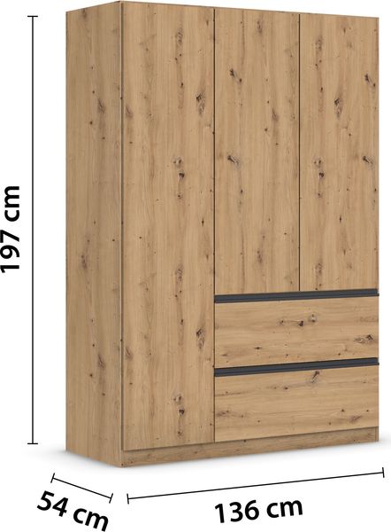 rauch Kleiderschrank, Drehtürenschrank COSTA, 3-türig, 2 Schubkästen, push-to-open, Eiche Artisan, 136 x 197 x 54 cm Bild 4