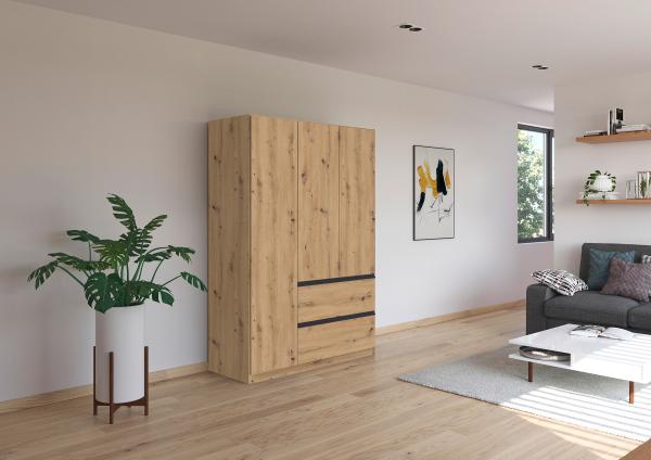 rauch Kleiderschrank, Drehtürenschrank COSTA, 3-türig, 2 Schubkästen, push-to-open, Eiche Artisan, 136 x 197 x 54 cm