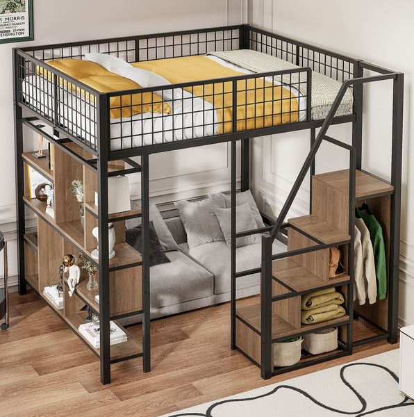 Hochbett 140x200 cm mit Stauraumtreppe und Ablagefächern – Metallbett in Schwarz