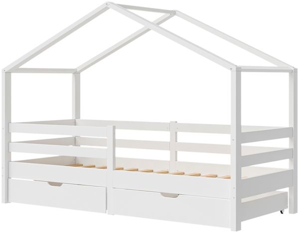 Bellabino 'Abia' Hausbett 90x200 cm mit 2 Schubladen, weiß, Kiefer Massivholz, Montessori Kinderbett mit Stauraum, inkl. Rausfallschutz und Lattenrost Bild 2