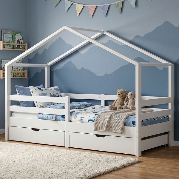 Bellabino 'Abia' Hausbett 90x200 cm mit 2 Schubladen, weiß, Kiefer Massivholz, Montessori Kinderbett mit Stauraum, inkl. Rausfallschutz und Lattenrost