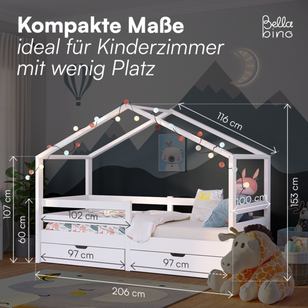 Bellabino 'Abia' Hausbett 90x200 cm mit 2 Schubladen, weiß, Kiefer Massivholz, Montessori Kinderbett mit Stauraum, inkl. Rausfallschutz und Lattenrost Bild 7