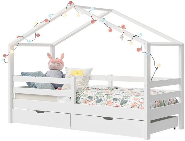 Bellabino 'Abia' Hausbett 90x200 cm mit 2 Schubladen, weiß, Kiefer Massivholz, Montessori Kinderbett mit Stauraum, inkl. Rausfallschutz und Lattenrost Bild 11