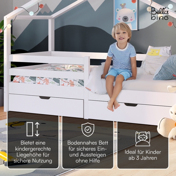 Bellabino 'Abia' Hausbett 90x200 cm mit 2 Schubladen, weiß, Kiefer Massivholz, Montessori Kinderbett mit Stauraum, inkl. Rausfallschutz und Lattenrost Bild 3
