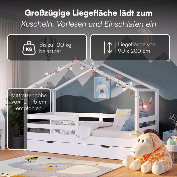 Bellabino 'Abia' Hausbett 90x200 cm mit 2 Schubladen, weiß, Kiefer Massivholz, Montessori Kinderbett mit Stauraum, inkl. Rausfallschutz und Lattenrost Bild 5