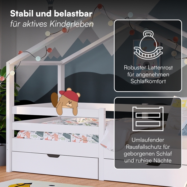 Bellabino 'Abia' Hausbett 90x200 cm mit 2 Schubladen, weiß, Kiefer Massivholz, Montessori Kinderbett mit Stauraum, inkl. Rausfallschutz und Lattenrost Bild 4
