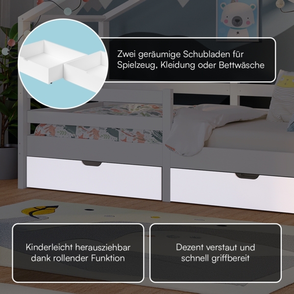 Bellabino 'Abia' Hausbett 90x200 cm mit 2 Schubladen, weiß, Kiefer Massivholz, Montessori Kinderbett mit Stauraum, inkl. Rausfallschutz und Lattenrost Bild 8