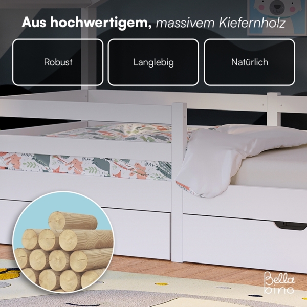 Bellabino 'Abia' Hausbett 90x200 cm mit 2 Schubladen, weiß, Kiefer Massivholz, Montessori Kinderbett mit Stauraum, inkl. Rausfallschutz und Lattenrost Bild 6
