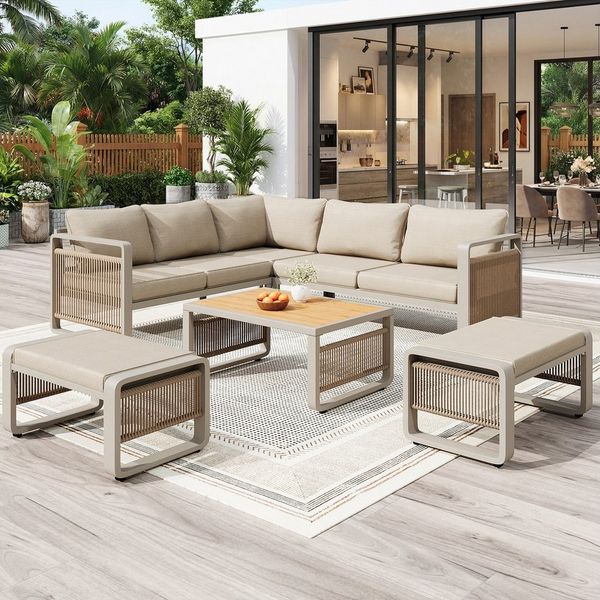 Flieks Gartenlounge-Set, 7-Sitzer Sitzgruppe Gartenmöbel-Set aus Handgewebtem Seil