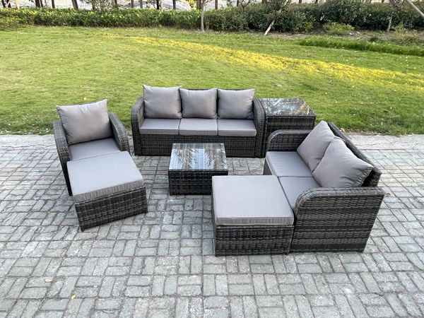 Fimous Rattan-Gartenmöbel 8-Sitzer Set Patio Tisch Sofa Stuhl Set mit Graue Kissen Beistelltisch 2 hohen Hockern