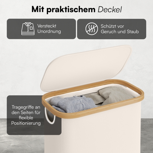 Bellamio 'Tolt' Wäschesammler aus Stoff mit Bambus, mit Deckel, 65L, ein Fach, mit herausnehmbaren und waschbarem Wäschesack, zusammenklappbar, beige Bild 3