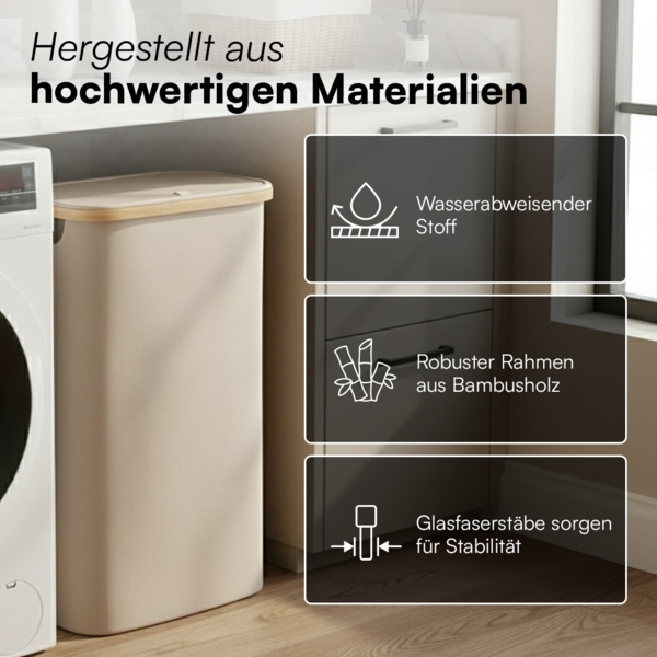 Bellamio 'Tolt' Wäschesammler aus Stoff mit Bambus, mit Deckel, 65L, ein Fach, mit herausnehmbaren und waschbarem Wäschesack, zusammenklappbar, beige Bild 5