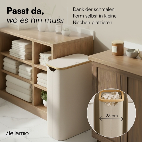 Bellamio 'Tolt' Wäschesammler aus Stoff mit Bambus, mit Deckel, 65L, ein Fach, mit herausnehmbaren und waschbarem Wäschesack, zusammenklappbar, beige Bild 6