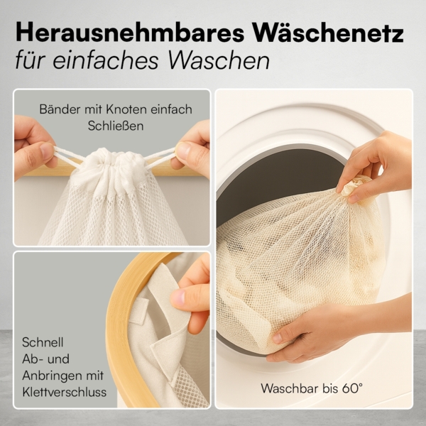 Bellamio 'Tolt' Wäschesammler aus Stoff mit Bambus, mit Deckel, 65L, ein Fach, mit herausnehmbaren und waschbarem Wäschesack, zusammenklappbar, beige Bild 4
