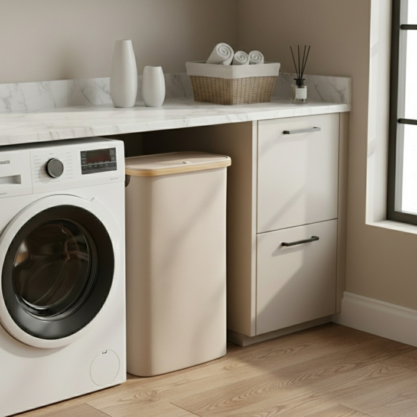 Bellamio 'Tolt' Wäschesammler aus Stoff mit Bambus, mit Deckel, 65L, ein Fach, mit herausnehmbaren und waschbarem Wäschesack, zusammenklappbar, beige Bild 2