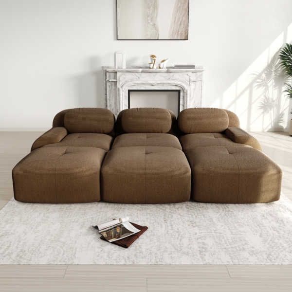 Modulares 3-Sitzer Sofa mit 3 Hockern, montagefrei haustierfreundlich ultra-breite Armlehnen 32D hochelastische Polsterung, Cordstoff, Braun,