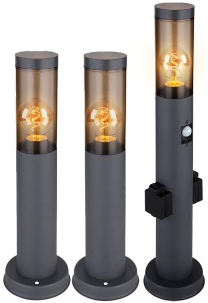 3er Set Sockelleuchte, Bewegungsmelder, 2x Steckdose, anthrazit