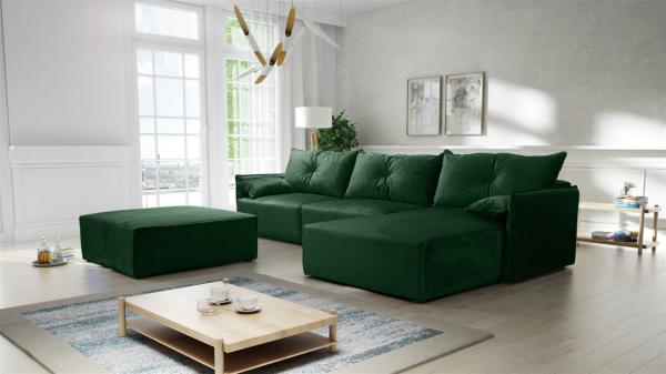 Ecksofa mit Schlaffunktion HUNTER in Royal Grün Ottomane Rechts inkl. Hocker