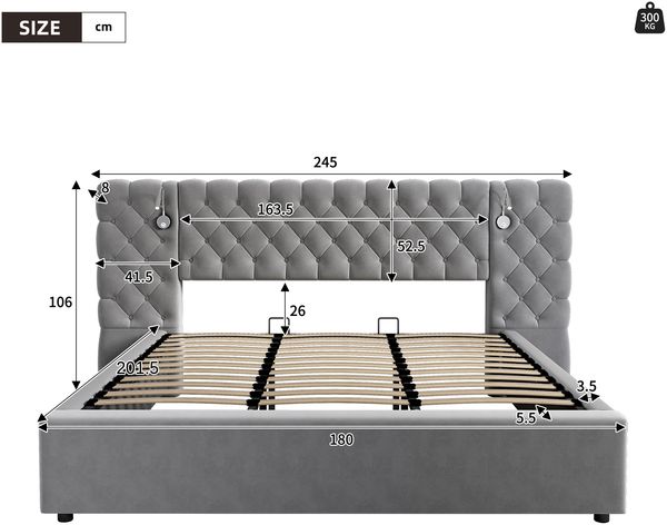 Polsterbett 180×200 cm mit hydraulischem Bettkasten und Bettleuchte, Samt Grau Bild 4