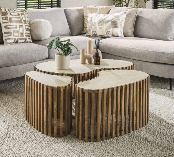 LEVEN Lifestyle Couchtisch organische Form 3´er Set RAFFAELO Keramik Travertin (3´er Set), Tischplatte aus hochwertiger Keramik