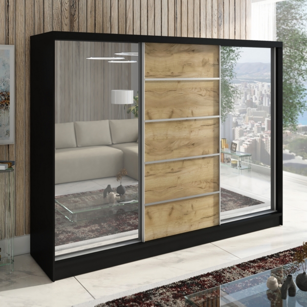 A&J MöbelLand Schwebetürenschrank TOP, 3-türig Schrank 200 cm mit Schubladen und Spiegel