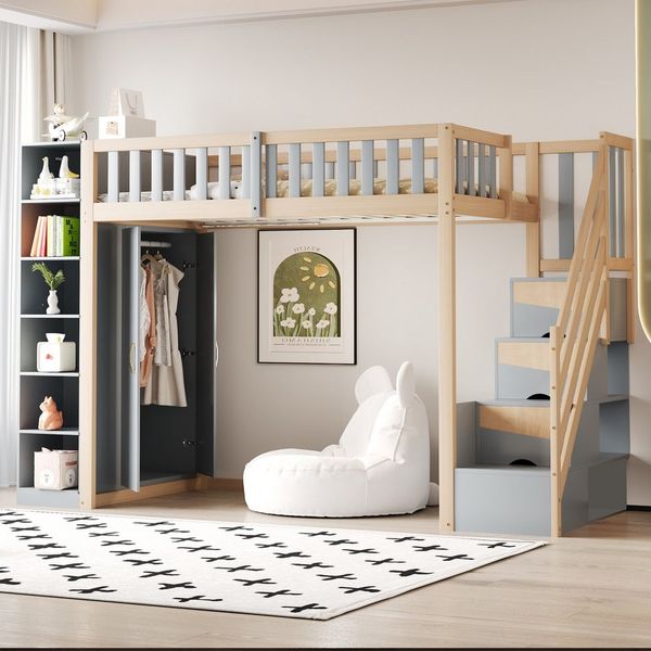 Flieks Hochbett Kinderbett 90x200cm mit Stauschrank Kleiderschrank und Stauraumtreppe