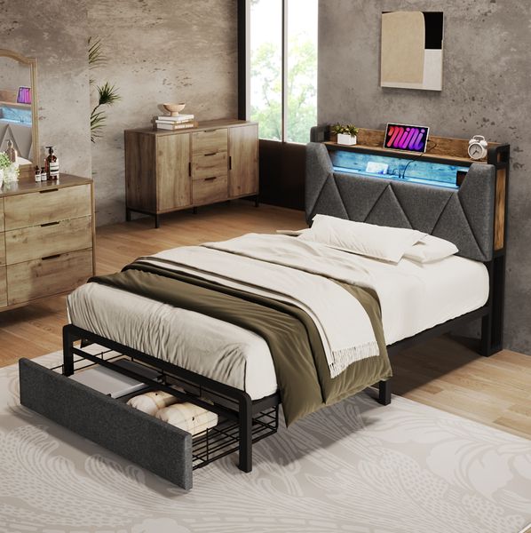 Bett 90x200 cm mit Stauraum, LED-Beleuchtung und USB-/Type-C-Anschlüssen – Leinenoptik, robuste Metallkonstruktion