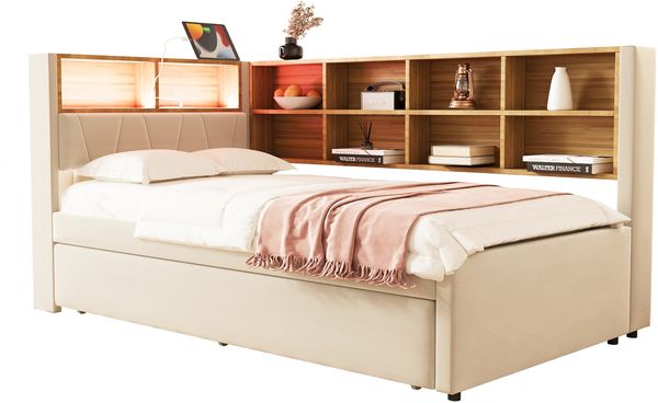 Polsterbett 90x200 cm mit Ausziehbett 90x190 cm, mit Stauraum und LED Bild 7