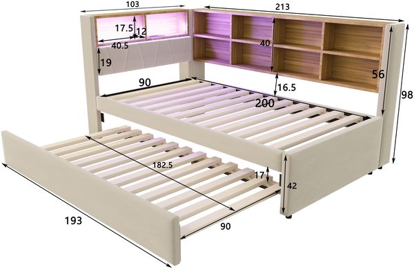 Polsterbett 90x200 cm mit Ausziehbett 90x190 cm, mit Stauraum und LED Bild 6