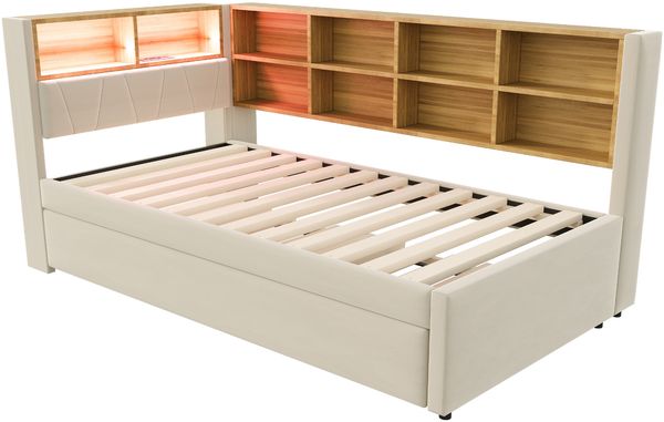 Polsterbett 90x200 cm mit Ausziehbett 90x190 cm, mit Stauraum und LED Bild 10