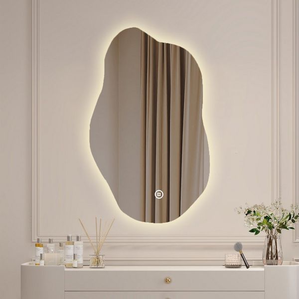 WDWRITTI Schminkspiegel Wand Kosmetikspiegel Wandspiegel Asymmetrisch Rahmenlos Wolke (Dekospiegel Flurspiegel Modern Rahmenlos, 62x90, 52x85cm), HD Spiegel mit Splitterschutzfolie