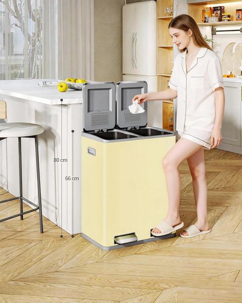 Mülleimer Küche, 2 x 30 L, Mülltrennsystem 2 Fächer 60 L, Edelstahl-küchenmülleimer, Tretmülleimer, Abfalleimer Ruhiger Langsamer Abstieg, mit 15 Exklusiven Abfallbeuteln, Dunkelgrün