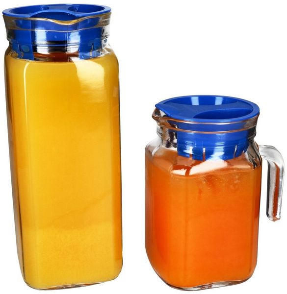 MamboCat Karaffe 2x KARO & KORA Kühlschrankkrug mit Deckel blau 1L & 0,5L Glas-Karaffe