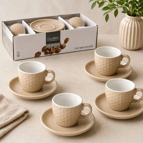 Koopman Tasse Kaffeetassen Espressotassen Untertasse Keramik 8tlg 90ml, 8-tlg, Keramik, Beige, 4 Tassen + 4 Untertassen, Wabenmuster, 90ml je Tasse, Geschirr