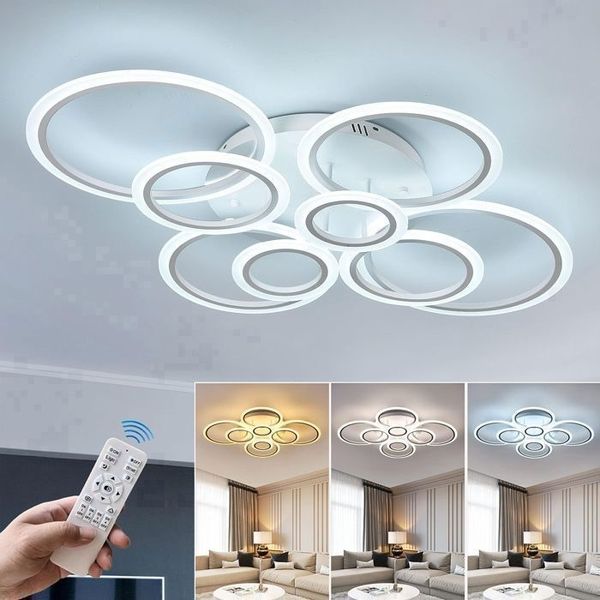 Moderne LED-Deckenleuchte 142 W, weiß, dimmbar, für Wohnzimmer, Schlafzimmer und Esszimmer – 8 Ringlichter – 105 cm