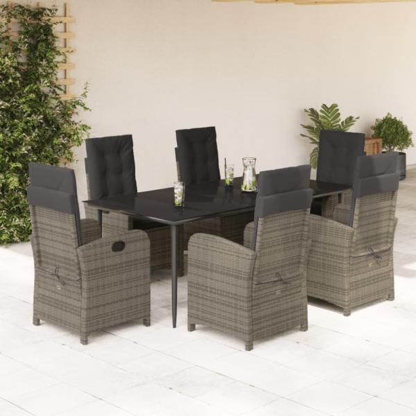 vidaXL 7-tlg. Garten-Essgruppe mit Kissen Grau Poly Rattan 3212357
