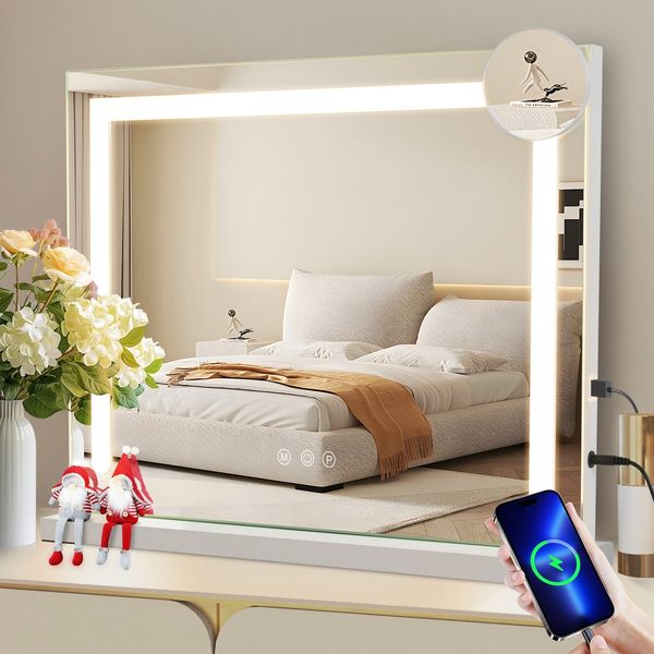 ZMH Hollywood Schminkspiegel mit Beleuchtung - 50x40cm Dimmbare LED Spiegel mit 3 Farblichtmodi, 5 Facher Vergrößerung Spiegel, USB Anschluss für Schlafzimmer, Ankleidezimmer