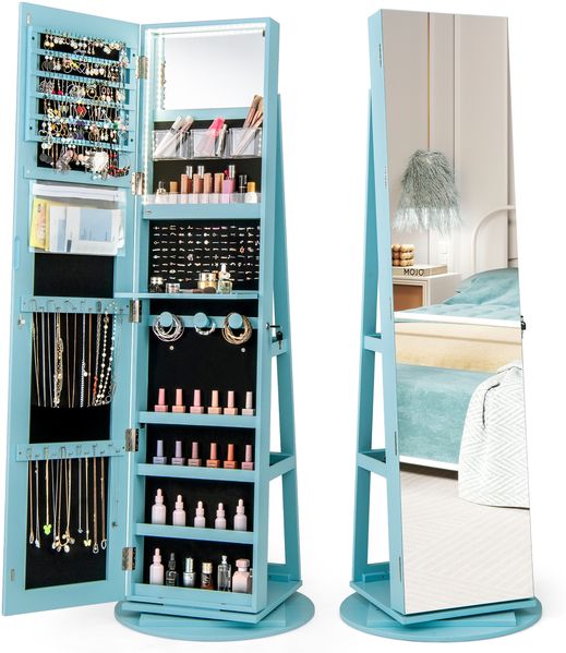 360° Drehbarer Schmuckschrank mit Dreifarbigen LED-Leuchten Freistehender Spiegelschrank Blau