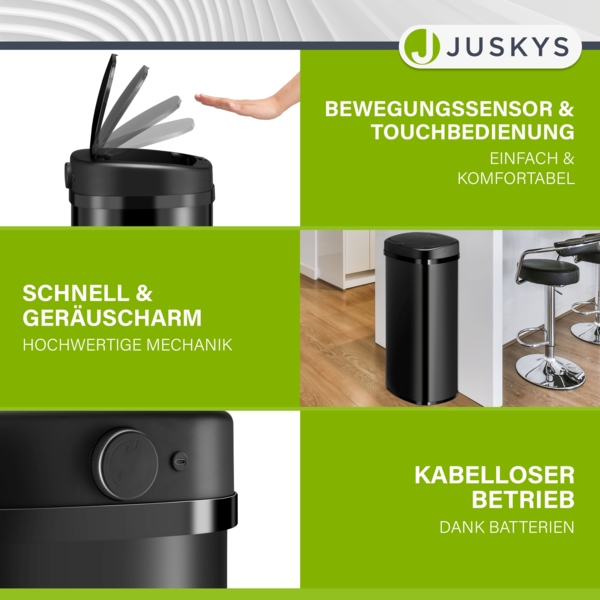 Juskys Automatik Mülleimer mit Bewegungssensor, wasserdicht, Stahl, Schwarz, 70 Liter Bild 3