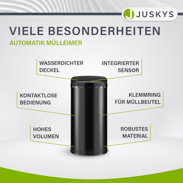 Juskys Automatik Mülleimer mit Bewegungssensor, wasserdicht, Stahl, Schwarz, 70 Liter Bild 7