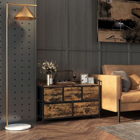 Kommode 98 x 29 x 63 cm mit 5 Stoffschubladen - Aufbewahrungsschrank in Braun mit Ablage