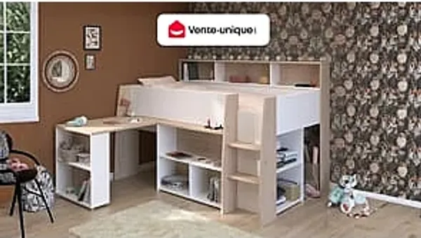 Vente-unique - APOLINO Bett Holz, Platte BeigeWeiß - B 133,3 cm x H 139,9 cm x L 208,4 cm