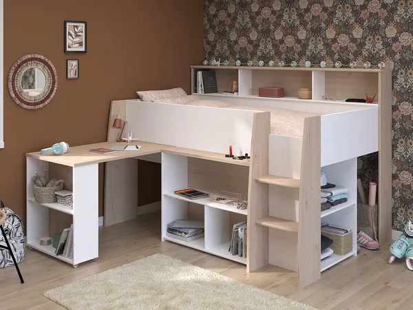 Vente-unique - APOLINO Bett Holz, Platte BeigeWeiß - B 133,3 cm x H 139,9 cm x L 208,4 cm