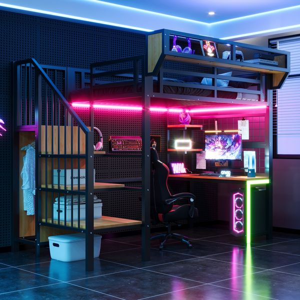 Metall-Hochbett 90 × 200 cm, Mit Schreibtisch, Regal und Aufbewahrungsnetz, Komplett Mit Sicherheitsleiter, LED-Beleuchtung und Steckdose, Erhöhtem Geländer, Schwarz